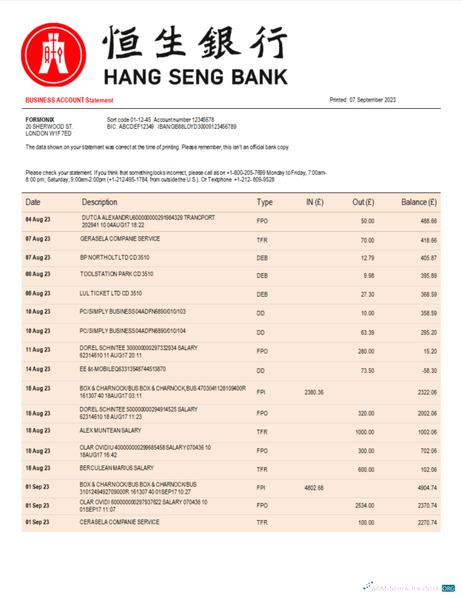 Download Hang Seng Bank corporate checking account statement Word and PDF template Photoshop template